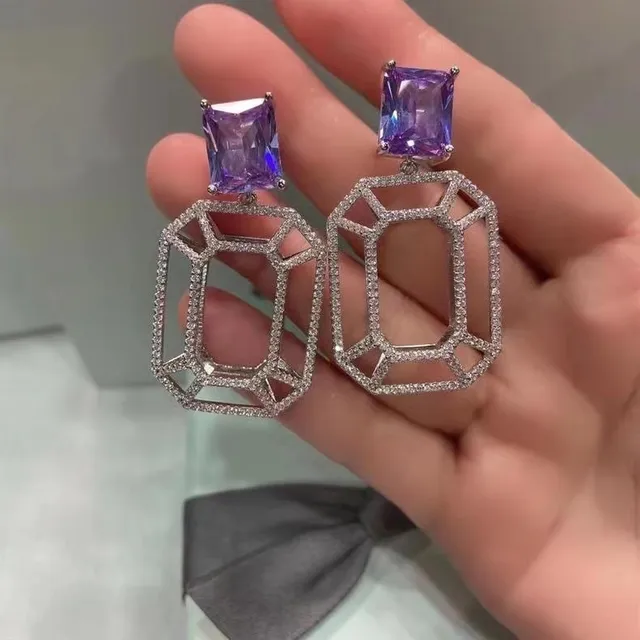 Purple Silver Geometric Openwork Frame Pavé-Set Clear Stones Earrings 8