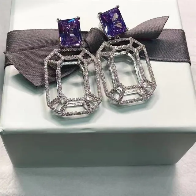 Purple Silver Geometric Openwork Frame Pavé-Set Clear Stones Earrings 9