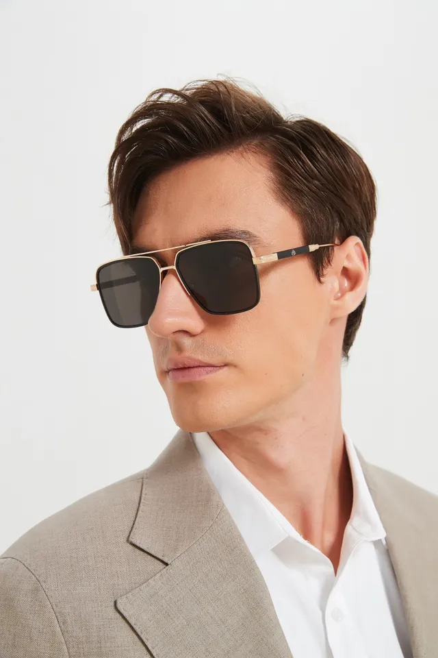 Rectangular Metal Frame Mirrored Blue Lens Sunglasses 2