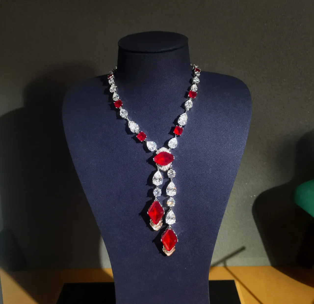 Red and Clear Gemstone Y-Shaped Pendant Necklace 7