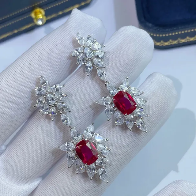 Red Center Floral Cluster Chandelier Dangle Earrings 2