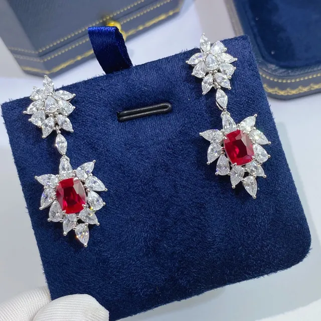 Red Center Floral Cluster Chandelier Dangle Earrings 4