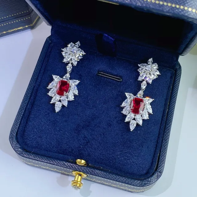 Red Center Floral Cluster Chandelier Dangle Earrings 5