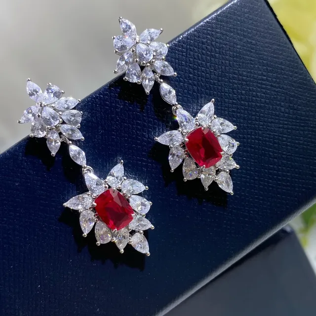 Red Center Floral Cluster Chandelier Dangle Earrings 6