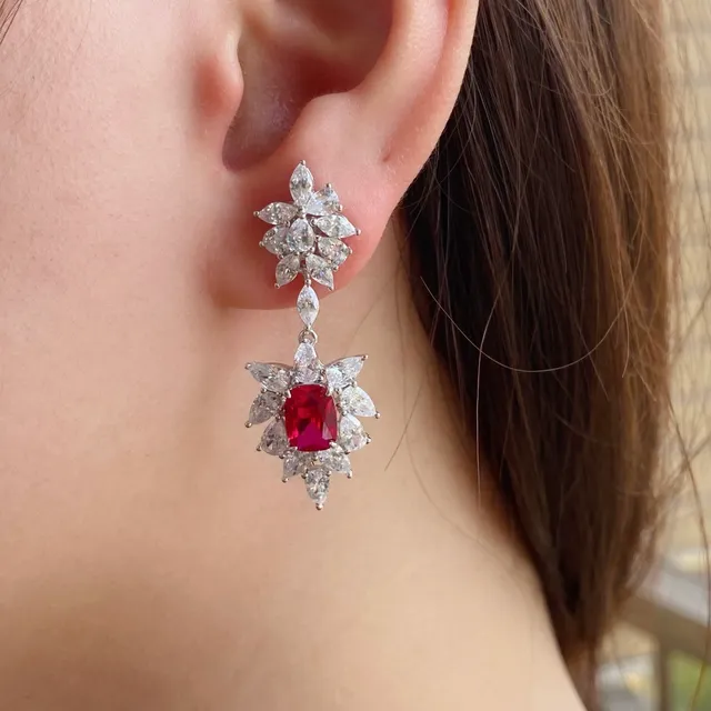 Red Center Floral Cluster Chandelier Dangle Earrings 7