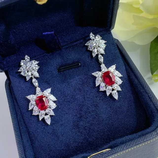 Red Center Floral Cluster Chandelier Dangle Earrings 8
