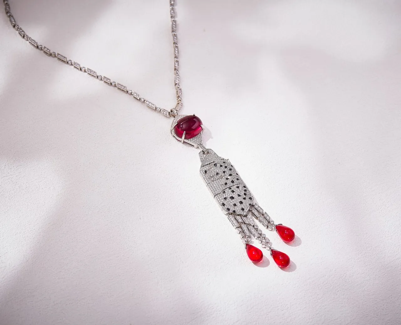 Red Silver Pavé-Set Diamond Pendant Oval Cabochon Ruby Centerpiece Necklace 5