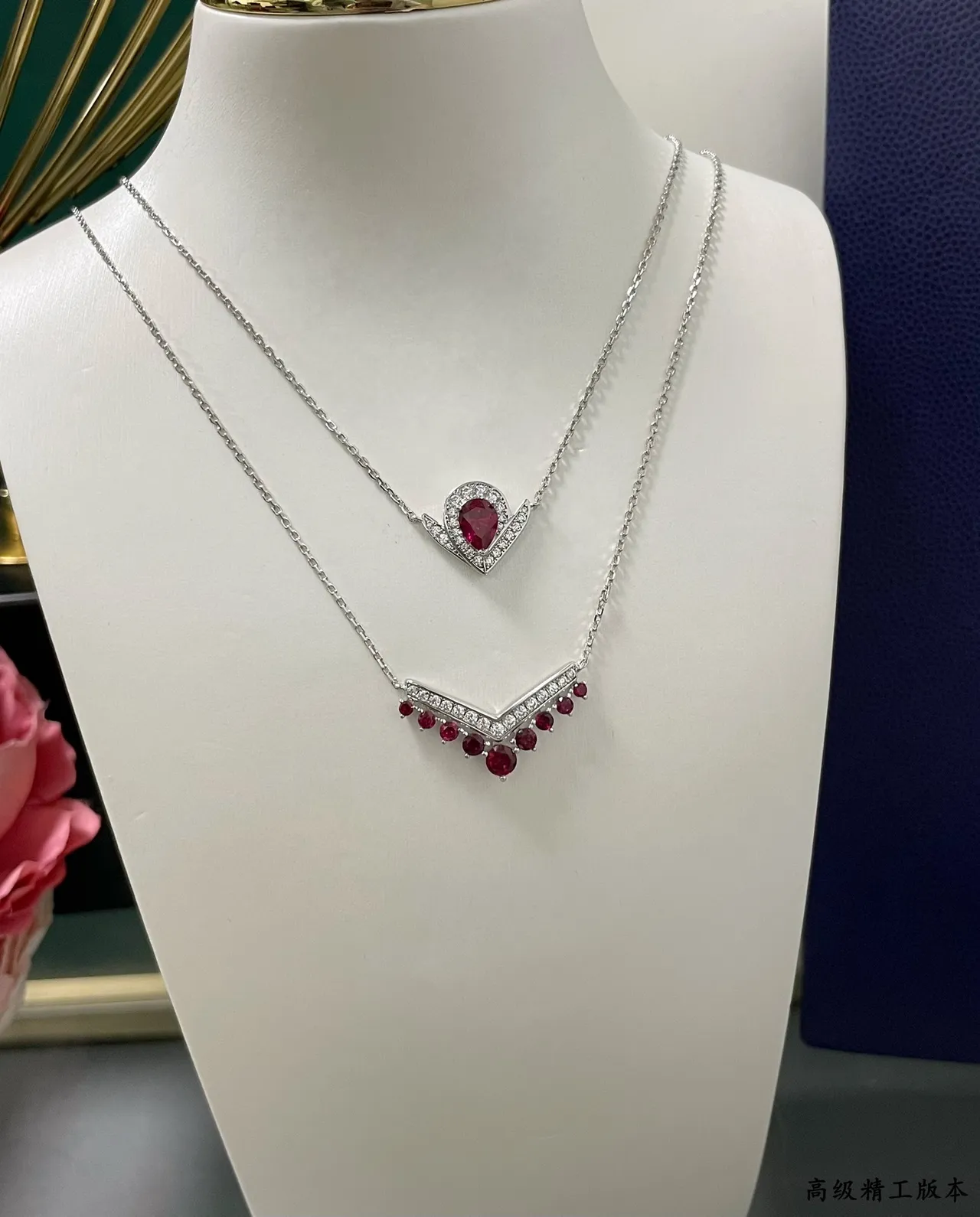 Red Silver Pear-Cut Gem Pavé Halo Necklace 2