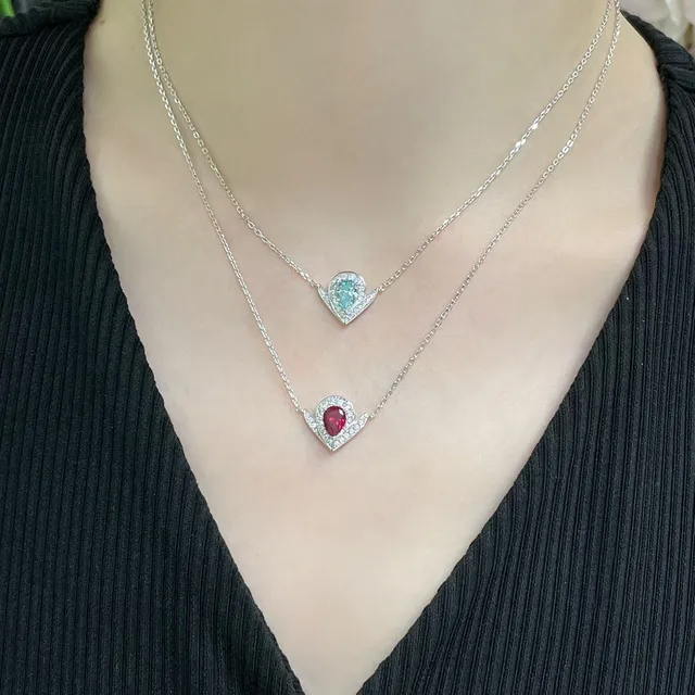 Red Silver Pear-Cut Gem Pavé Halo Necklace 9