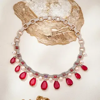 Red Teardrop Ruby and Pearl Pendant Necklace