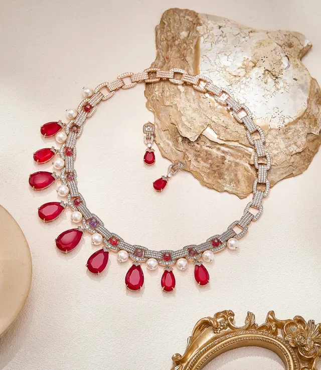 Red Teardrop Ruby and Pearl Pendant Necklace 5