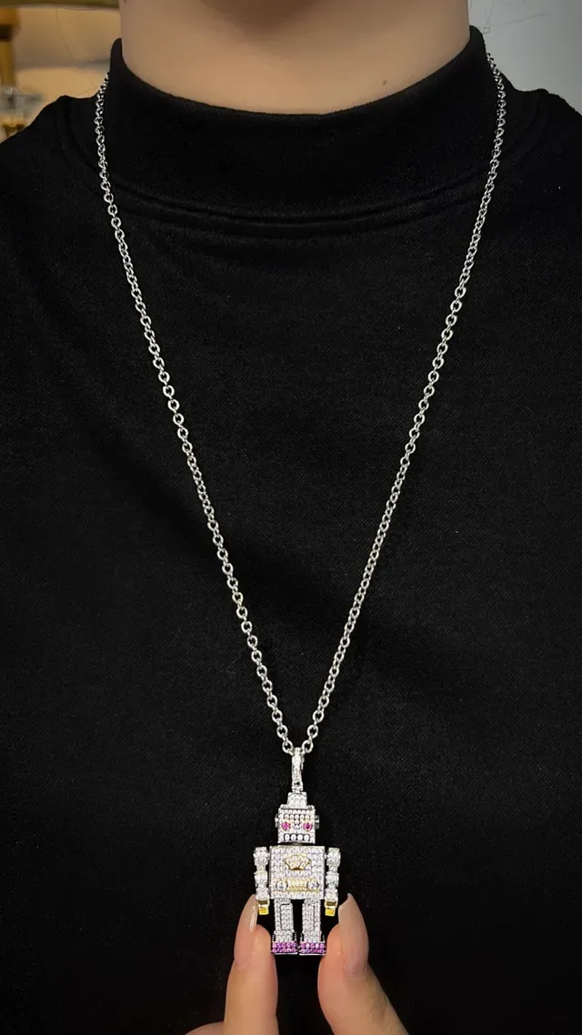 Robot-Shaped Pave-Set Sapphire Diamond Ruby Necklace 3