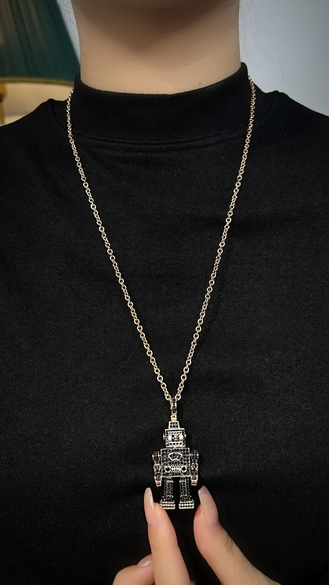 Robot-Shaped Pave-Set Sapphire Diamond Ruby Necklace 4