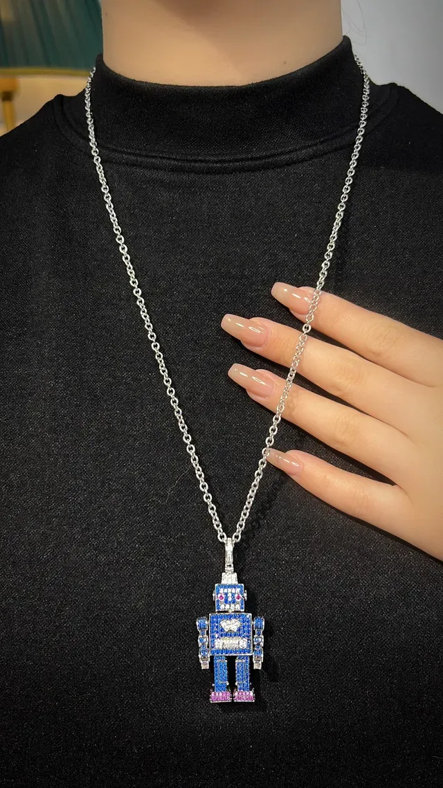 Robot-Shaped Pave-Set Sapphire Diamond Ruby Necklace 5