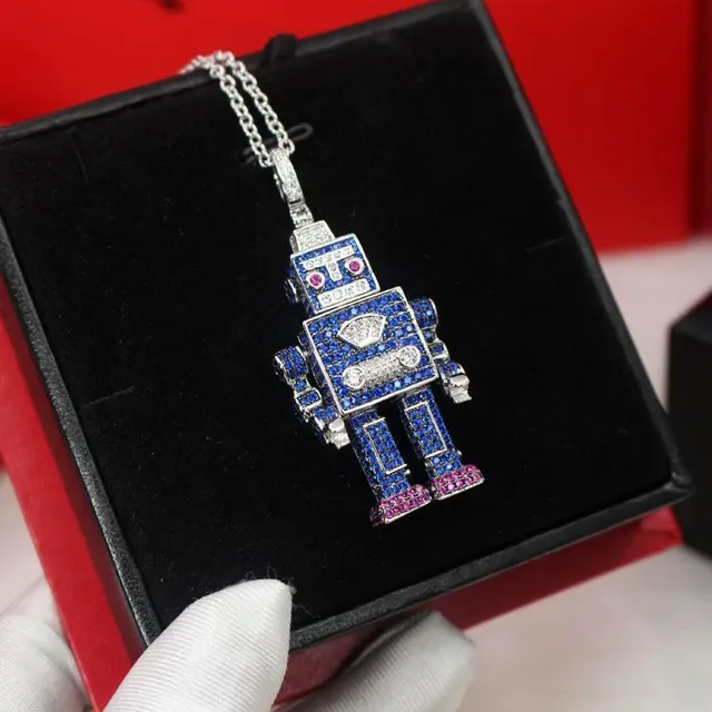 Robot-Shaped Pave-Set Sapphire Diamond Ruby Necklace 6