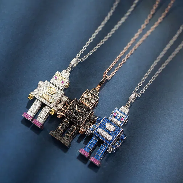 Robot-Shaped Pave-Set Sapphire Diamond Ruby Necklace 8