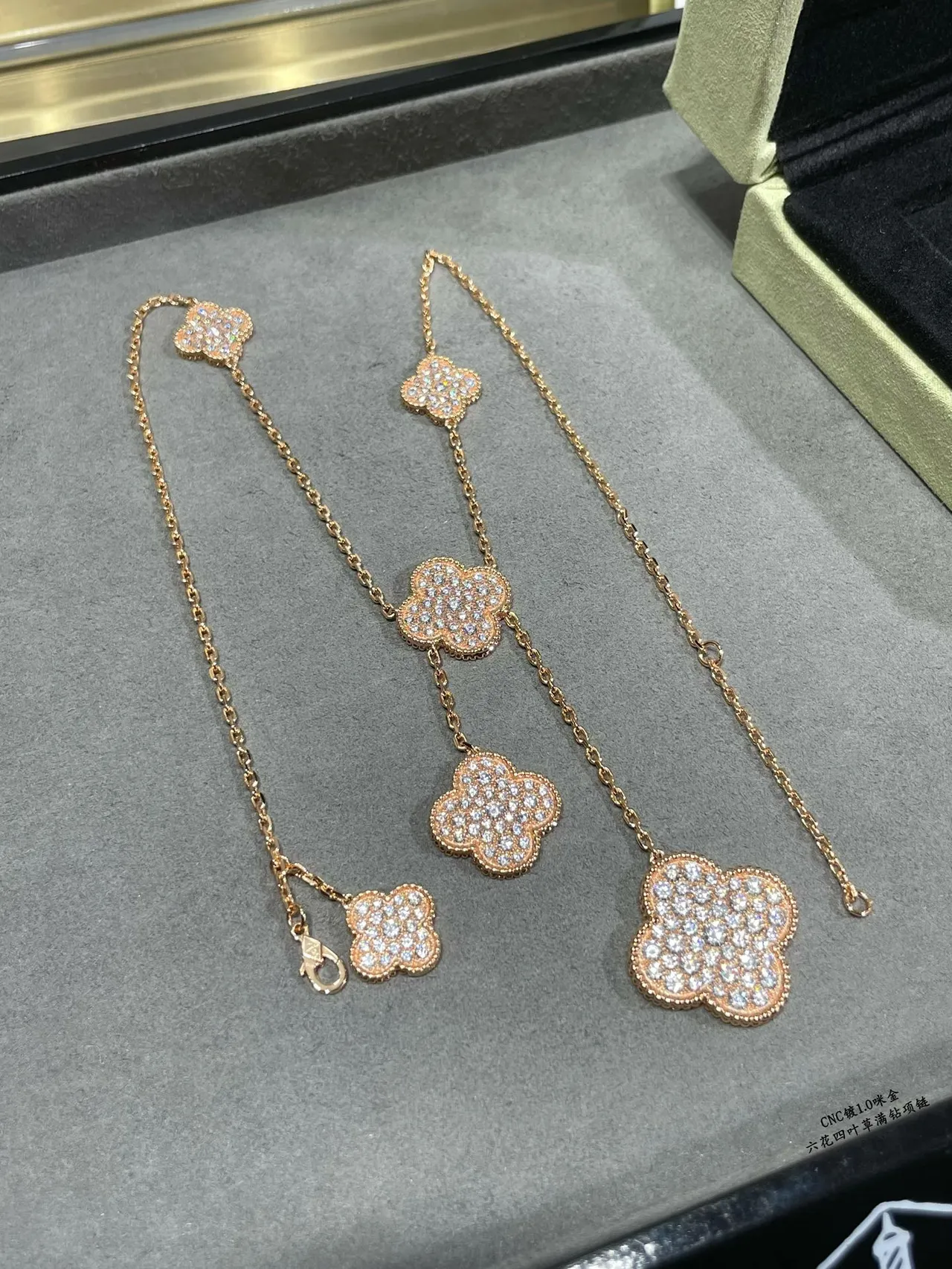 Rose Gold and Silver Tone Pavé Clover Pendant Necklaces 4