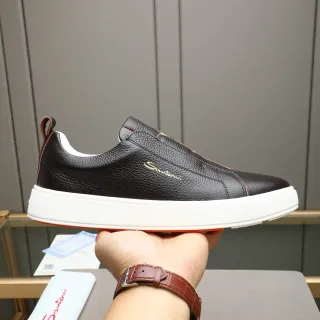 Santoni Brown White Pebbled Leather Slip-On Lifestyle Sneakers