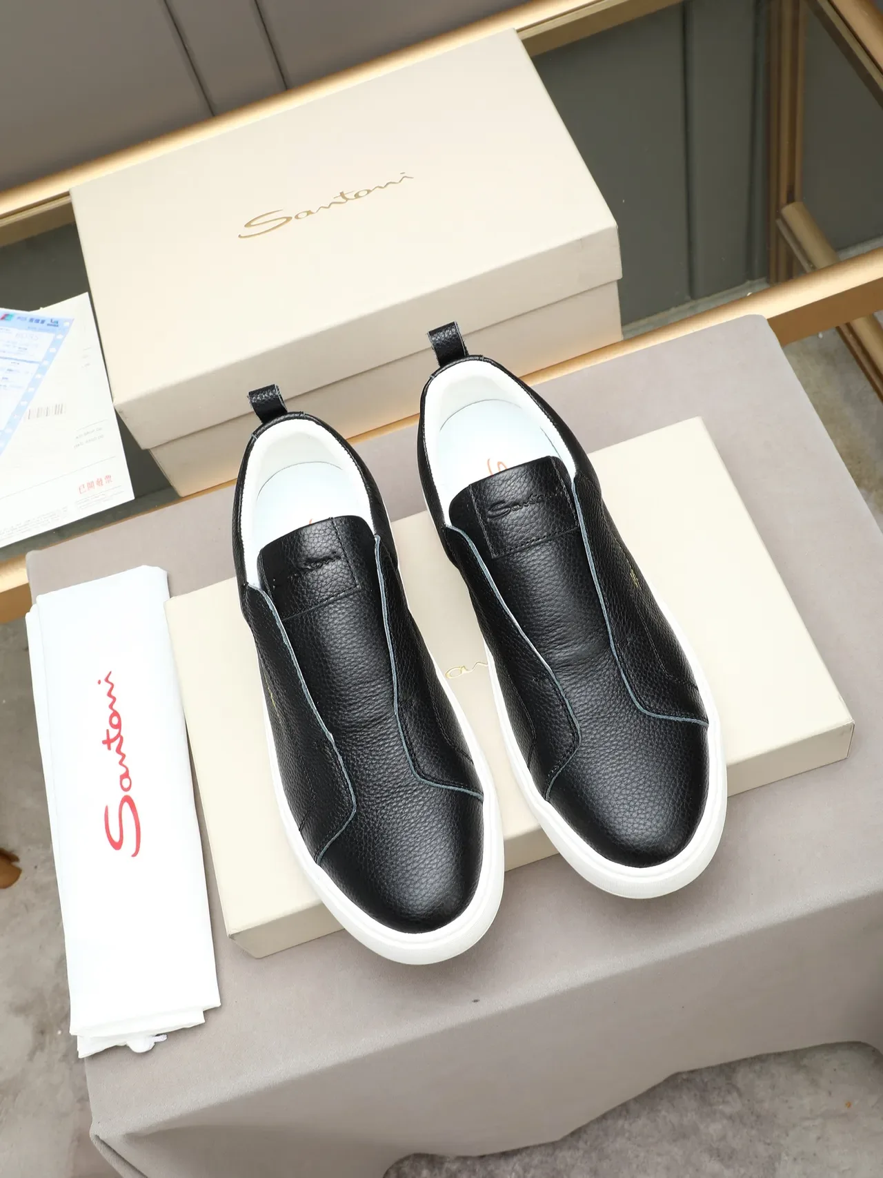 Santoni Slip-On Pebbled Leather Black White Lifestyle Sneaker 3