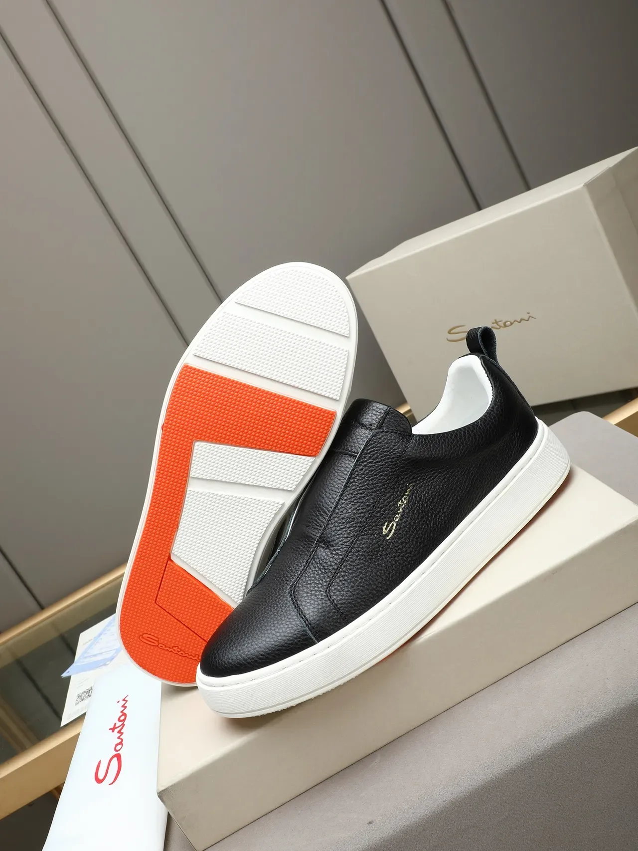 Santoni Slip-On Pebbled Leather Black White Lifestyle Sneaker 4