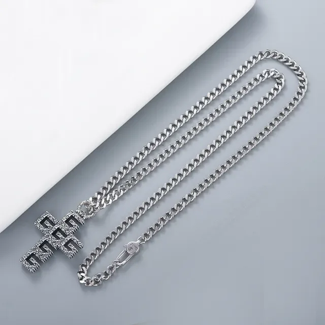 Silver Black Ornate Filigree Cross-Shaped Necklace 3