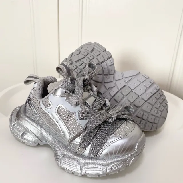 Silver Black Platform Sole Metallic Synthetic Overlays Chunky Sneakers 21