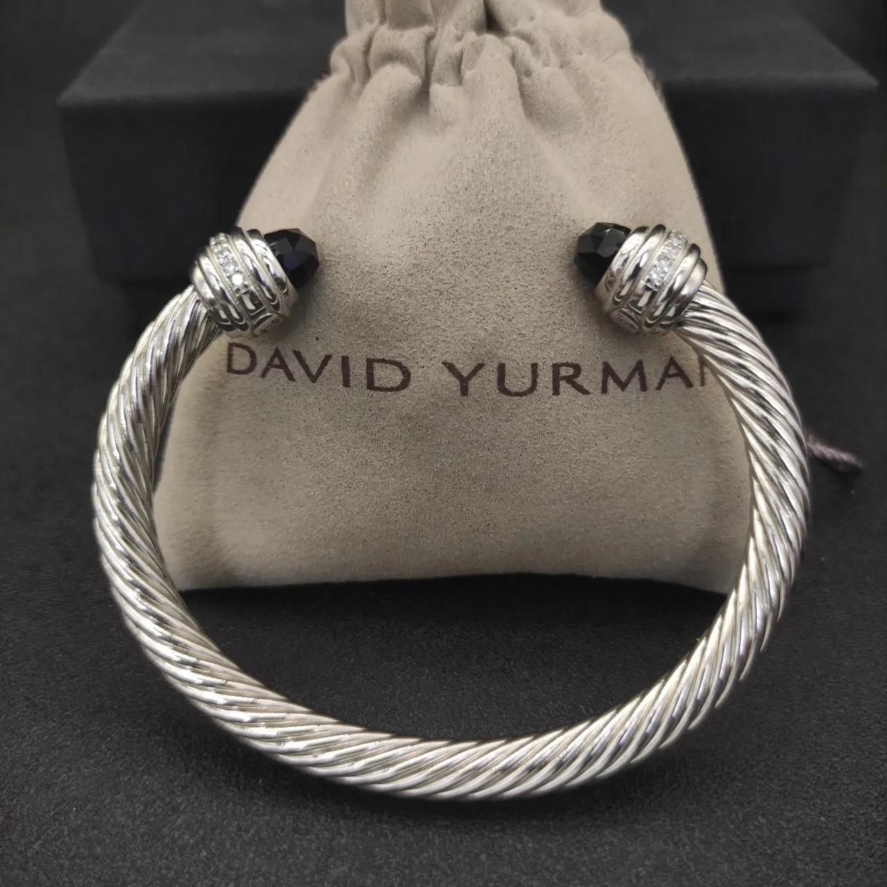 Silver Black Twisted Cable Faceted Stone Terminals Bracelet 2