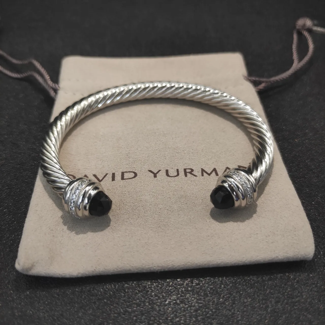 Silver Black Twisted Cable Faceted Stone Terminals Bracelet 4
