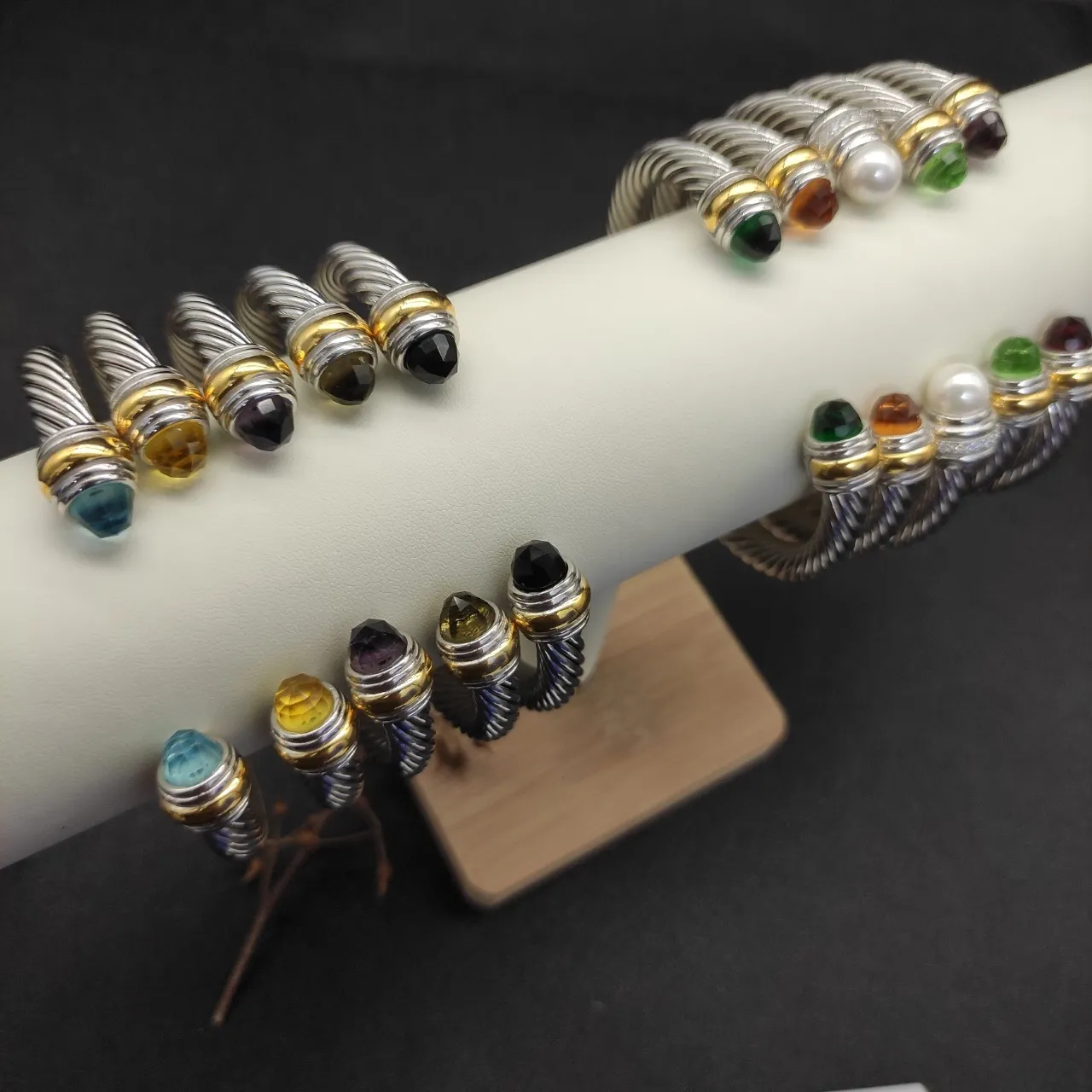 Silver Black Twisted Cable Two-Tone Metal Bracelet 7