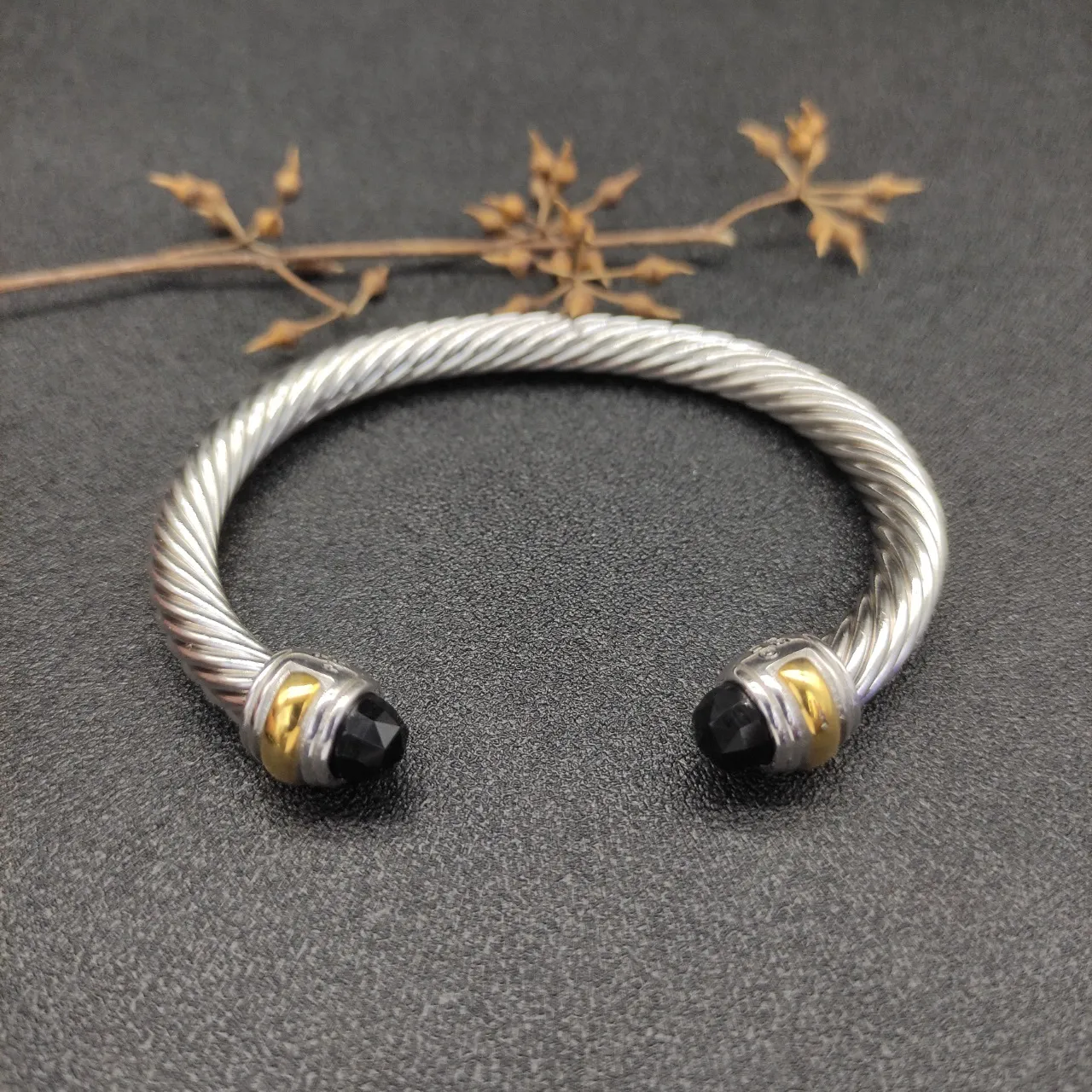 Silver Black Twisted Cable Two-Tone Metal Bracelet 9