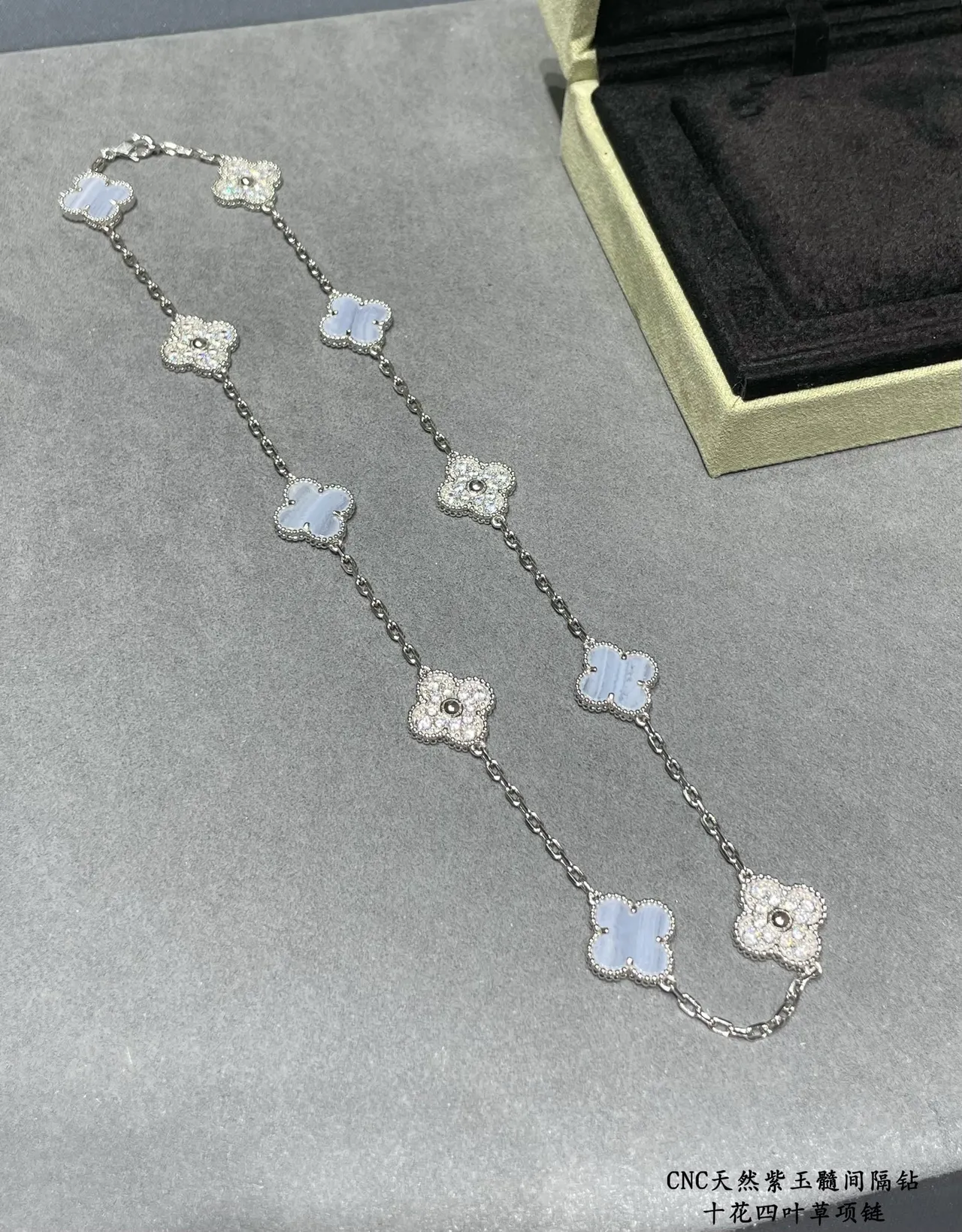 Silver Blue Four-Leaf Clover Motifs Pavé-Set Crystals Necklace 2