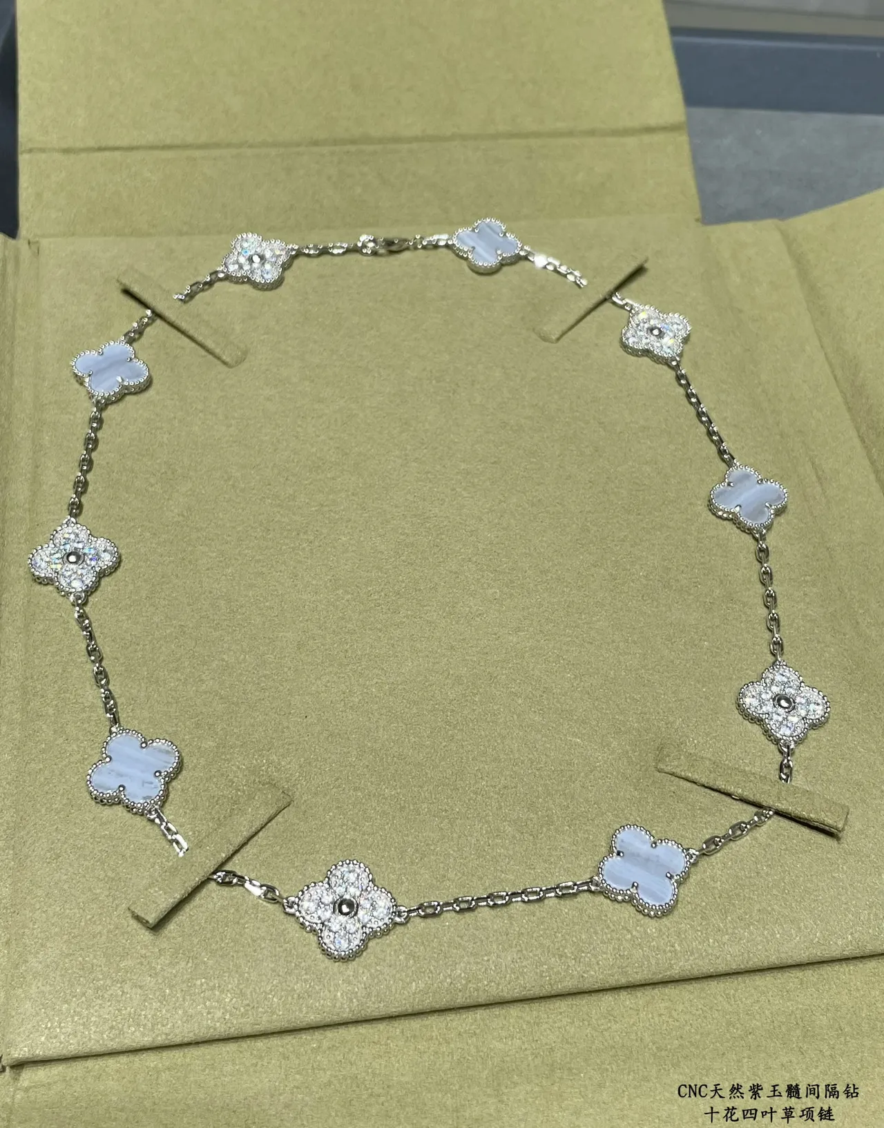 Silver Blue Four-Leaf Clover Motifs Pavé-Set Crystals Necklace 4
