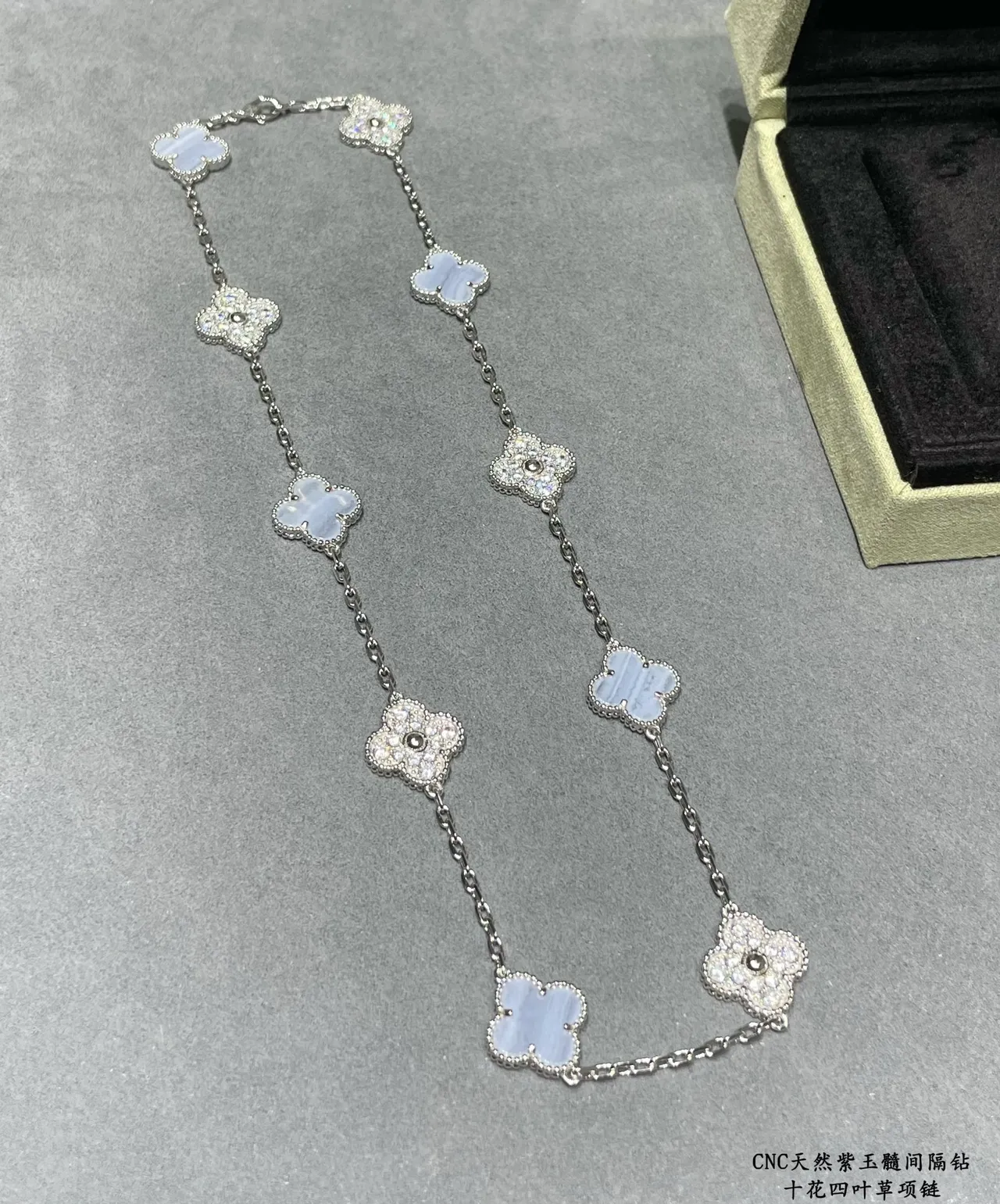 Silver Blue Four-Leaf Clover Motifs Pavé-Set Crystals Necklace 7