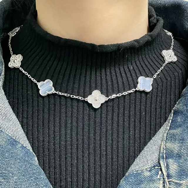 Silver Blue Four-Leaf Clover Motifs Pavé-Set Crystals Necklace 9