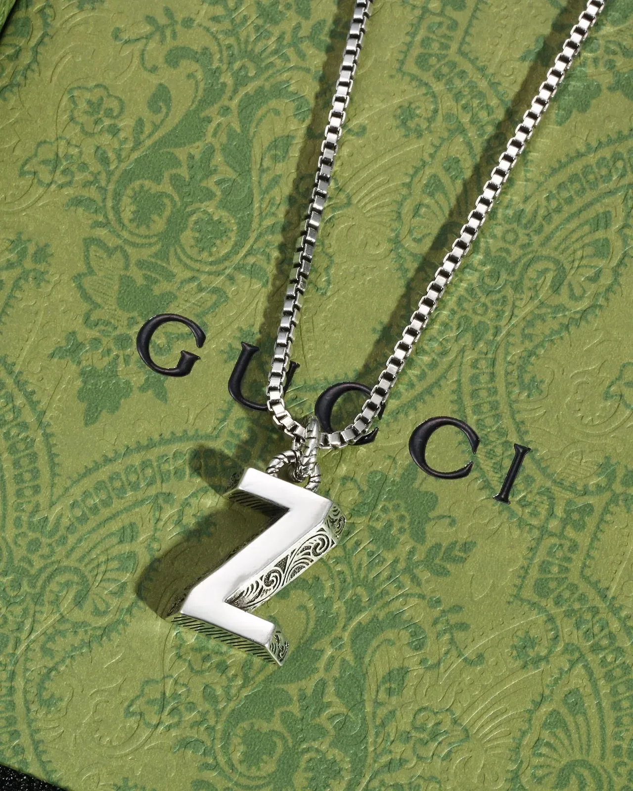Silver Box Chain Engraved L-Shaped Pendant Necklace 3