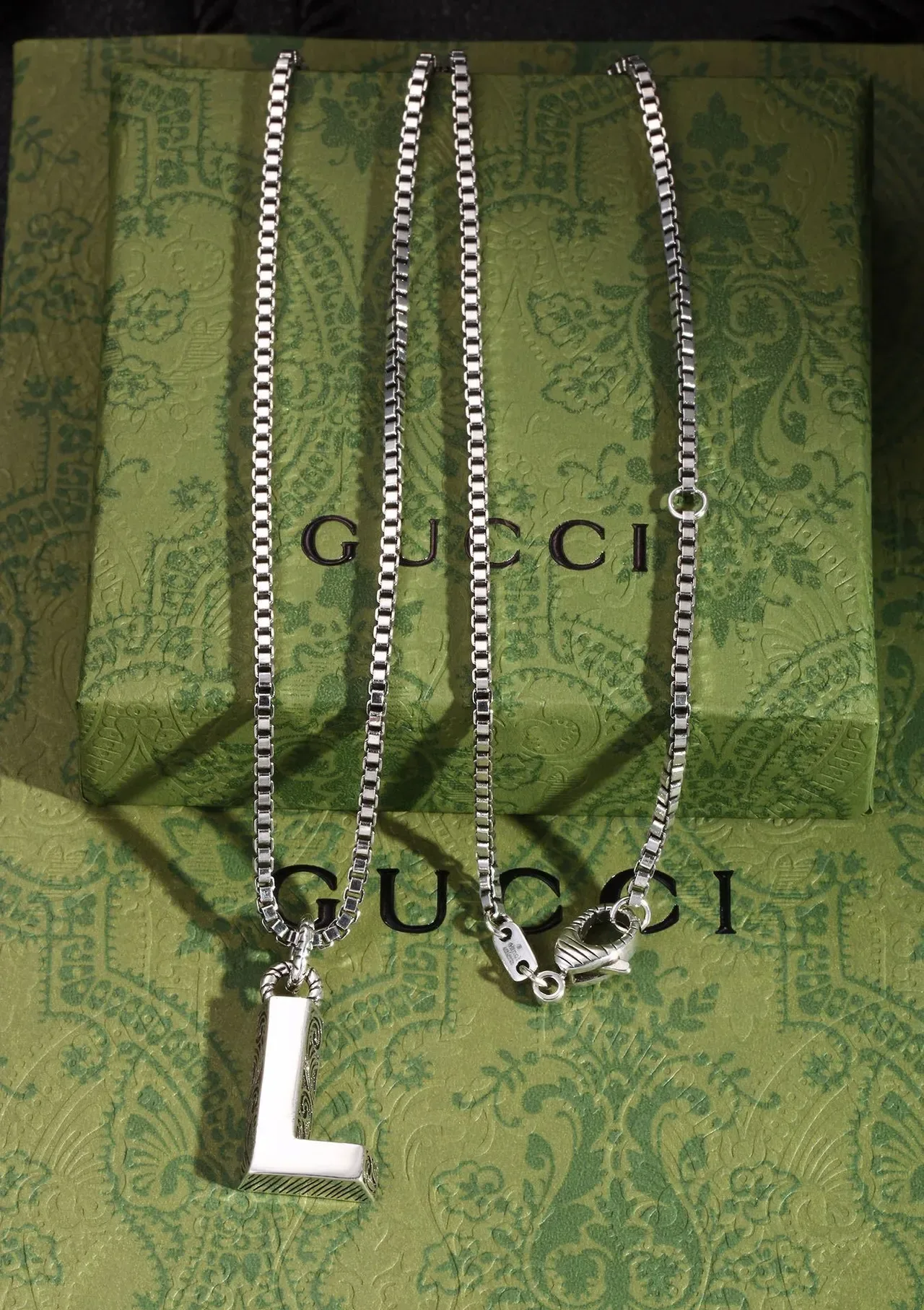 Silver Box Chain Engraved L-Shaped Pendant Necklace 5