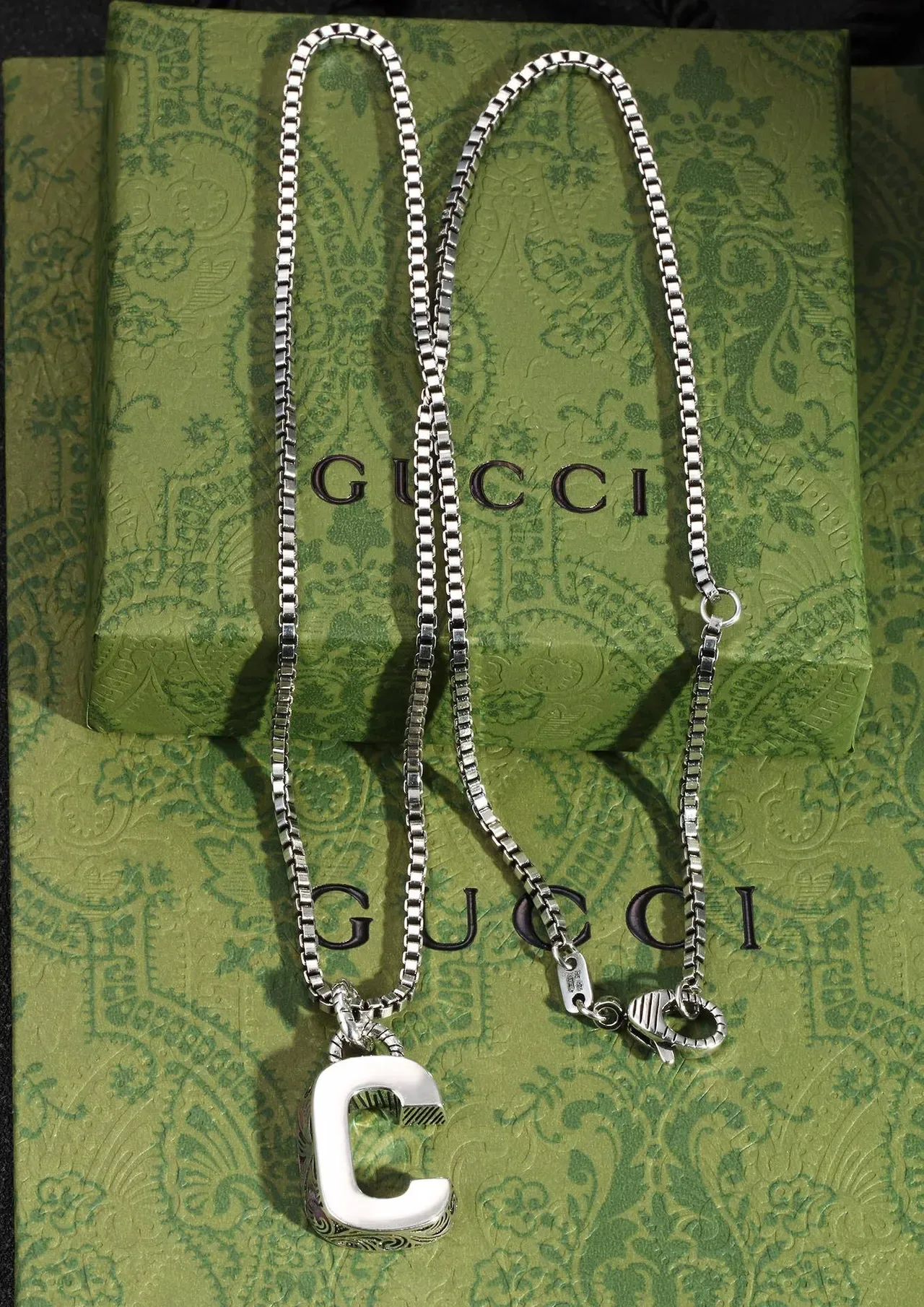Silver Box Chain Engraved L-Shaped Pendant Necklace 8
