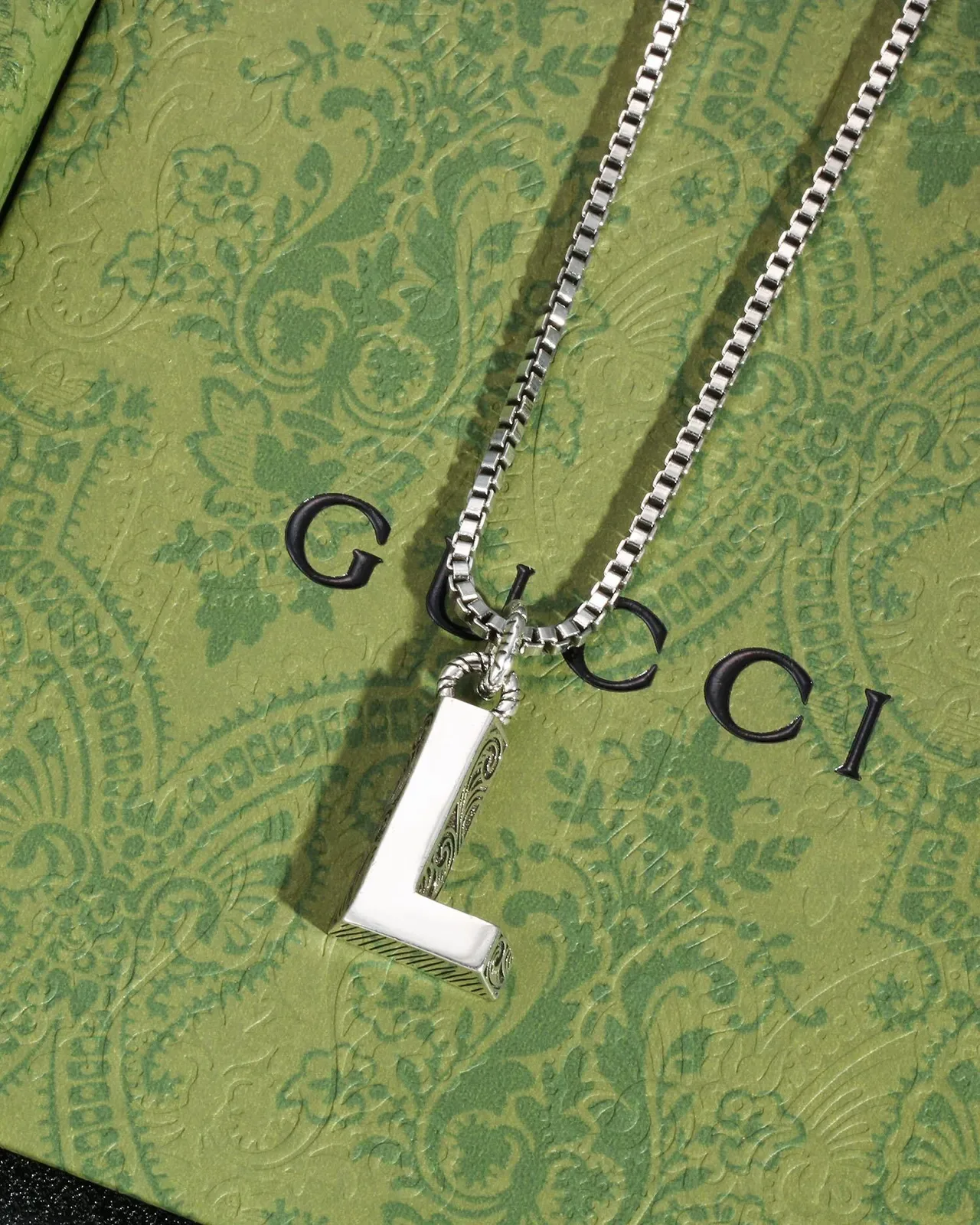 Silver Box Chain Engraved L-Shaped Pendant Necklace 9
