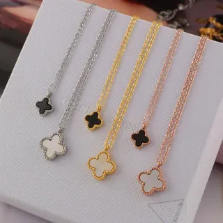 银金色三叶草形珠边垂坠项链