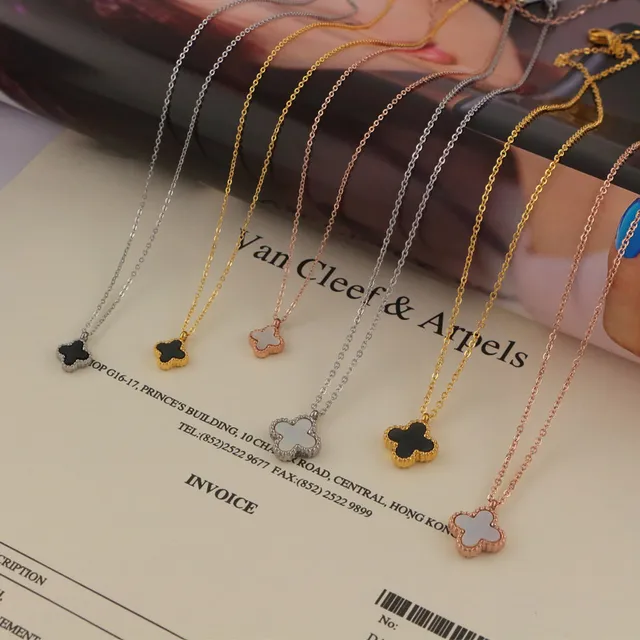 Silver Gold Clover-Shaped Pendant Beaded Edge Necklace 2