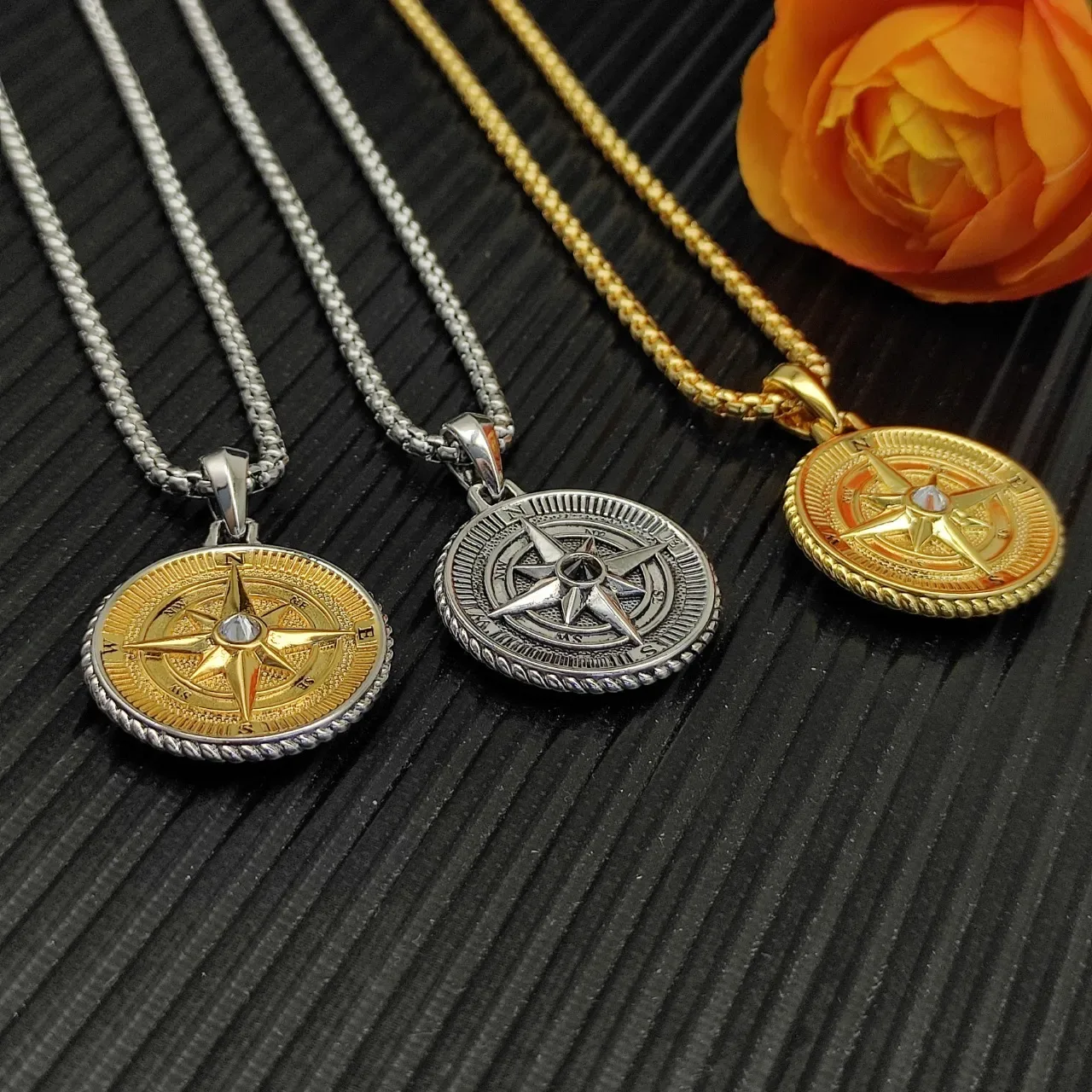 Silver Gold Compass Rose Motif Beaded Edge Bezel Necklace 2