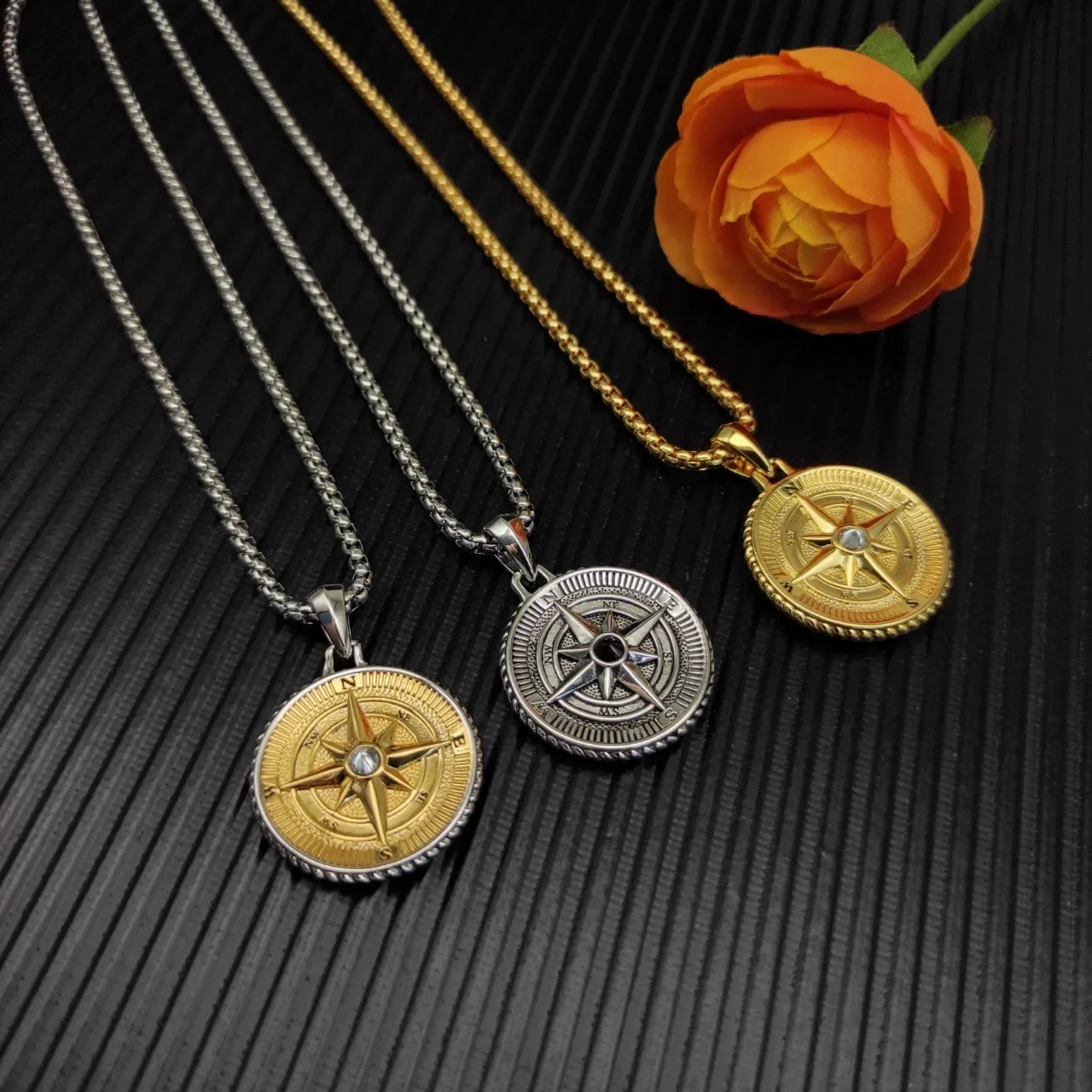 Silver Gold Compass Rose Motif Beaded Edge Bezel Necklace 3