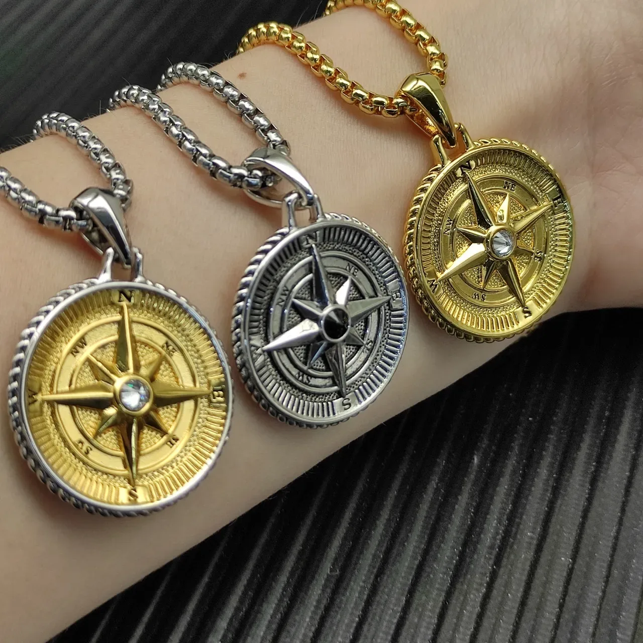 Silver Gold Compass Rose Motif Beaded Edge Bezel Necklace 4