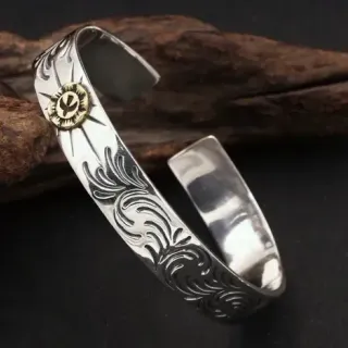 سوار فضي ذهبي محفور نقش زهوري تموج مفتوح