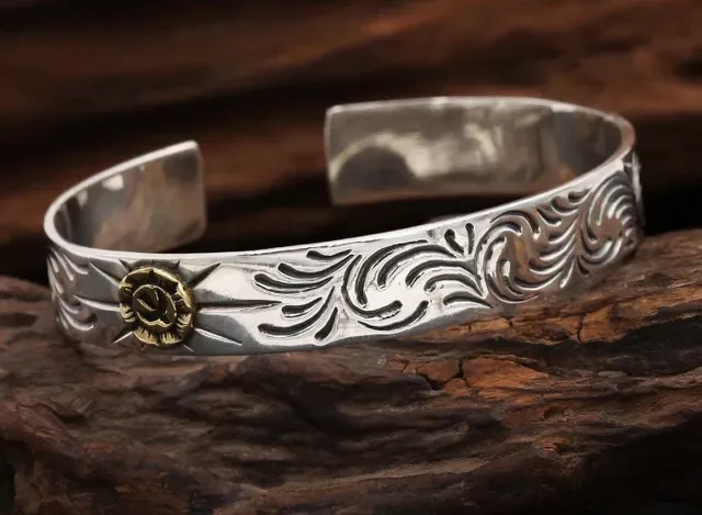 Silver Gold Engraved Floral Scrollwork Open Cuff Design Bracelet 2