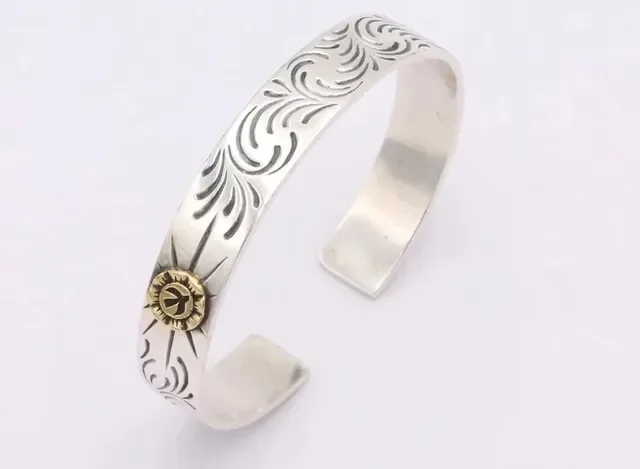 Silver Gold Engraved Floral Scrollwork Open Cuff Design Bracelet 4