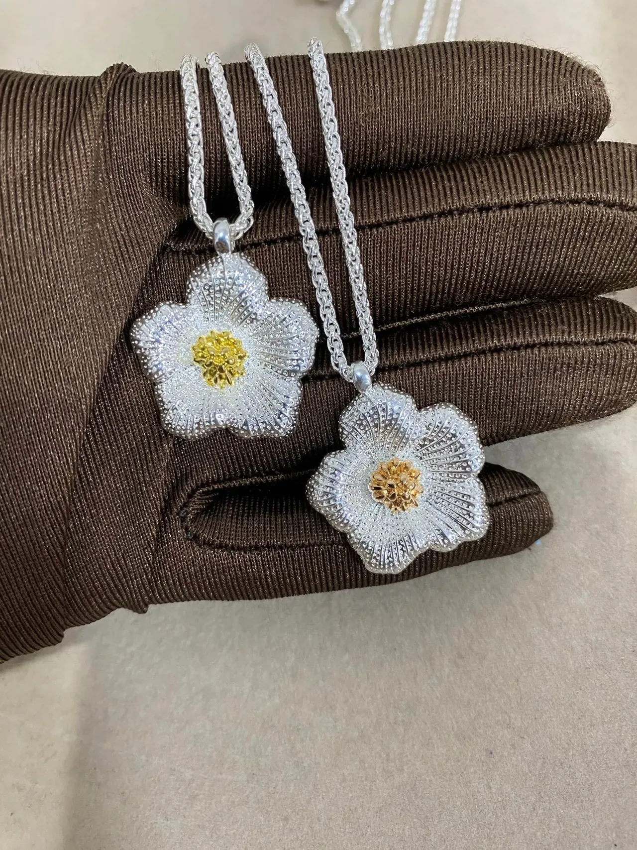 Silver Gold Floral Pendant Textured Petal Detail Necklace 4