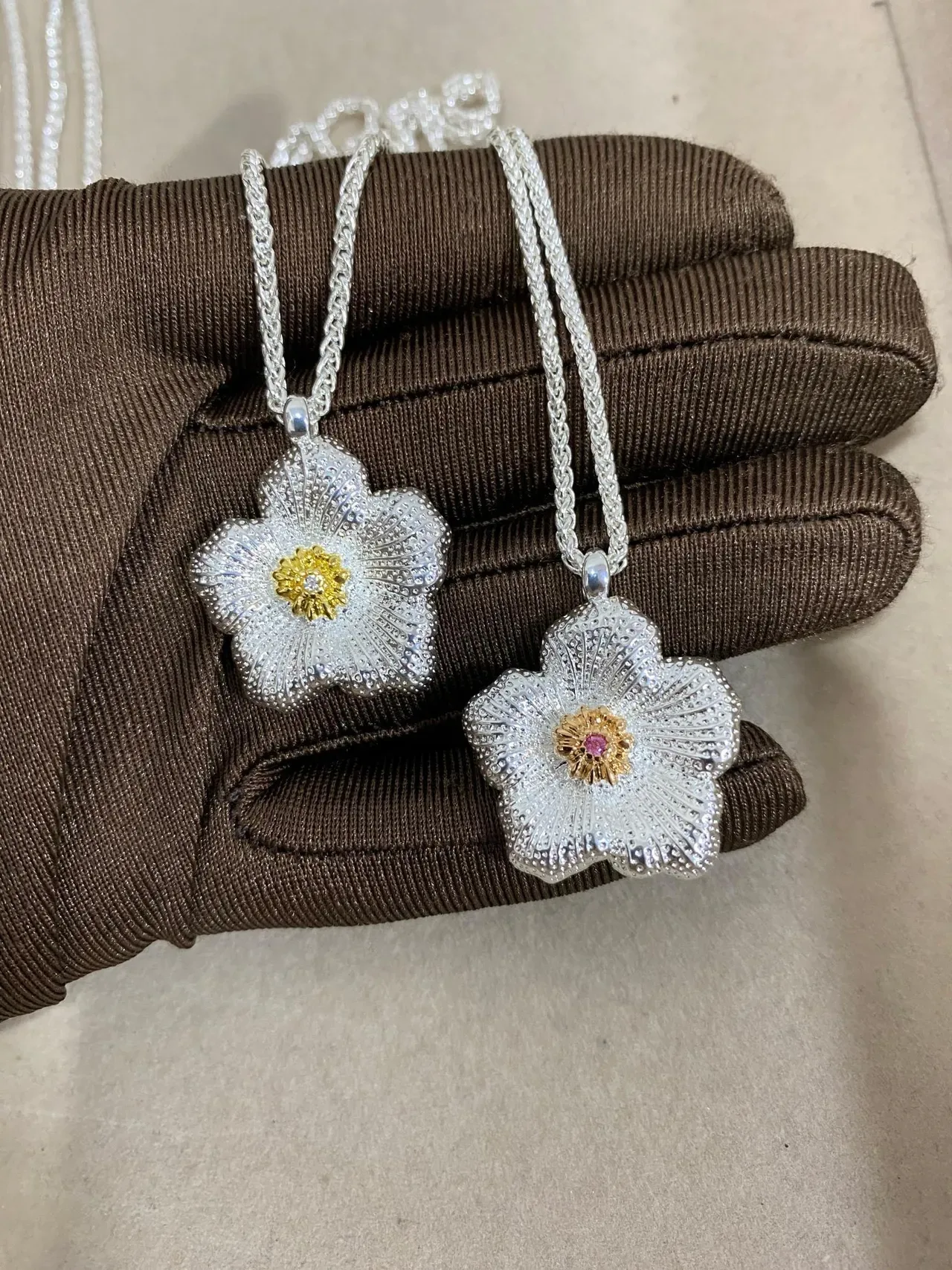 Silver Gold Floral Pendant Textured Petal Detail Necklace 5
