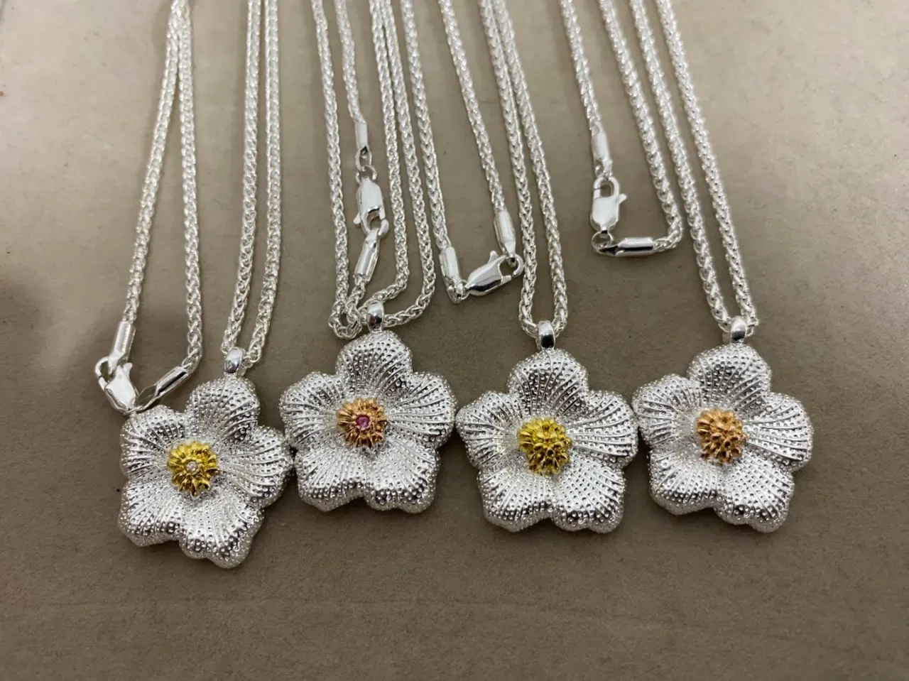 Silver Gold Floral Pendant Textured Petal Detail Necklace 6