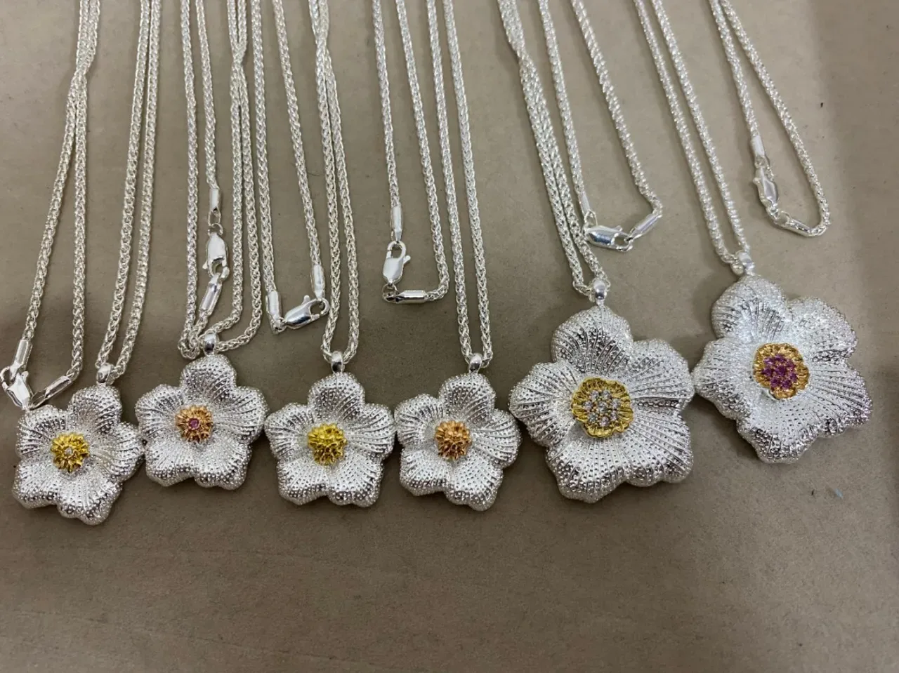 Silver Gold Floral Pendant Textured Petal Detail Necklace 7